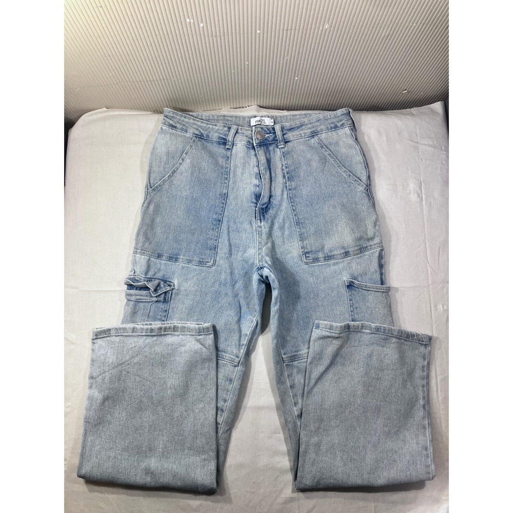 rue21 Womens Light Wash Wide Leg‎ Cargo Carpenter Jeans Size 16 High Rise Baggy